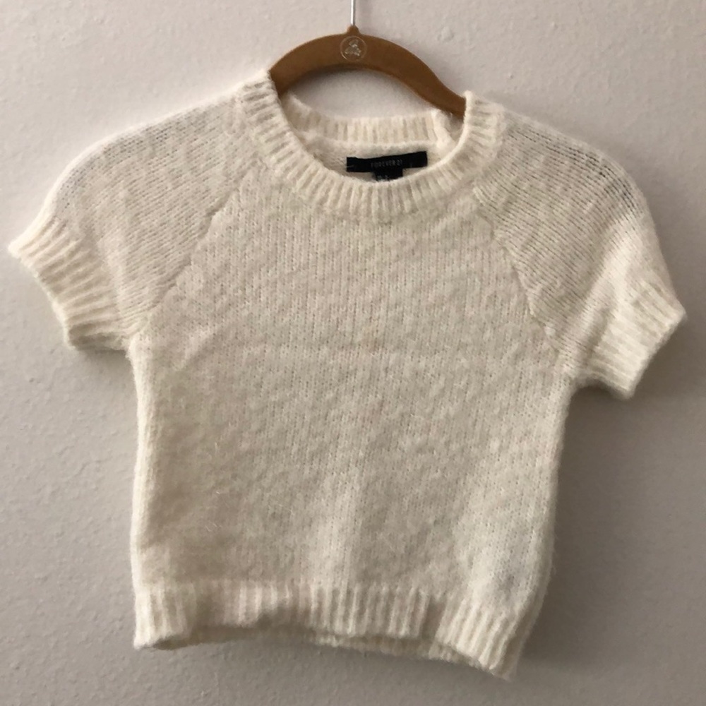 Fuzzy white short sleeve crop top
